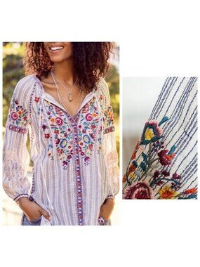 Johnny Was Allegra Peasant Blouse Top Striped Embroidered L